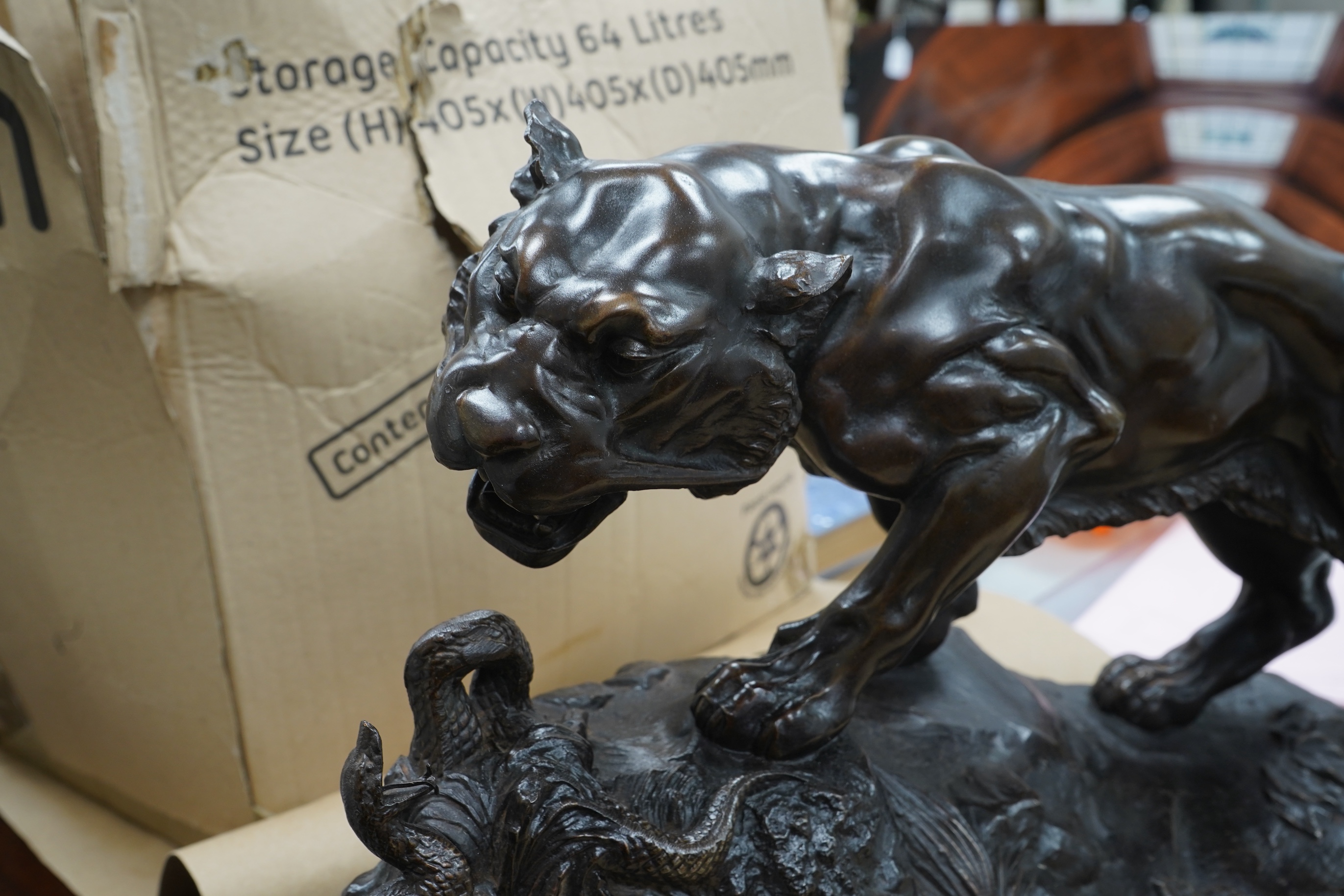 Varnier - Bronzed metal panther and snake, 62cm wide x 36cm high